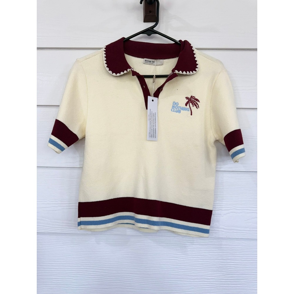 B- 43- Dress To Rio de Janeiro Do Nothing Club Knit Polo Shirt Cream Burgund NEW